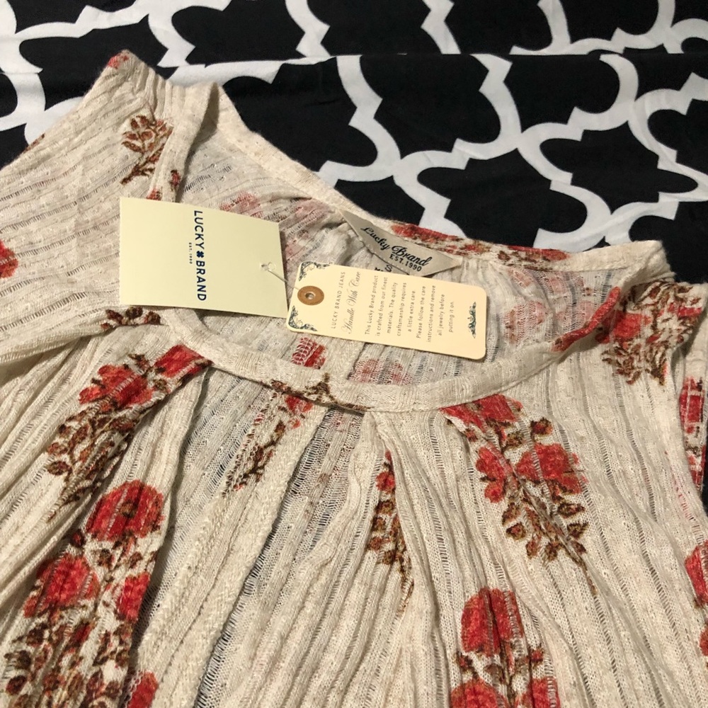 Lucky Brand Womens Floral Keyhole Sleeveless Tunic Linen Blend Small Beige Red